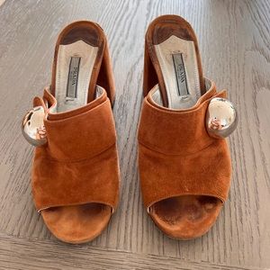 Prada slides with metal ball.